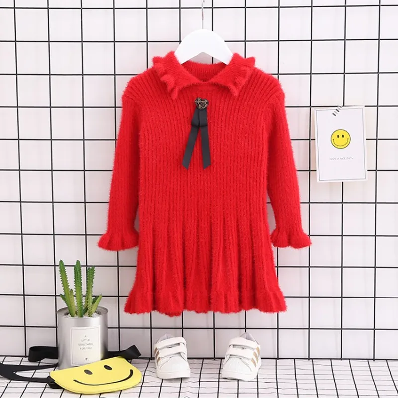 

2019 Fall Little Girls Dresses Soild Long Sleeve Knitted Sweater Dress For 2-7Yrs Kids Clothes Children Ruffles Pleated Dress