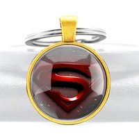 gold classic superman design glass cabochon metal pendant key chain fashion men women key ring accessories keychains gifts