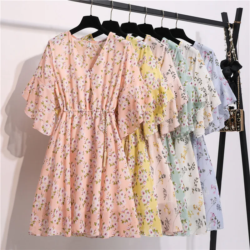 

Spring Summer Chiffon Dress Women V-Neck Floral Print Short Dresses Sweet Ruffle Sleeeve Slim 2021 New Drawstring Ladies Dress