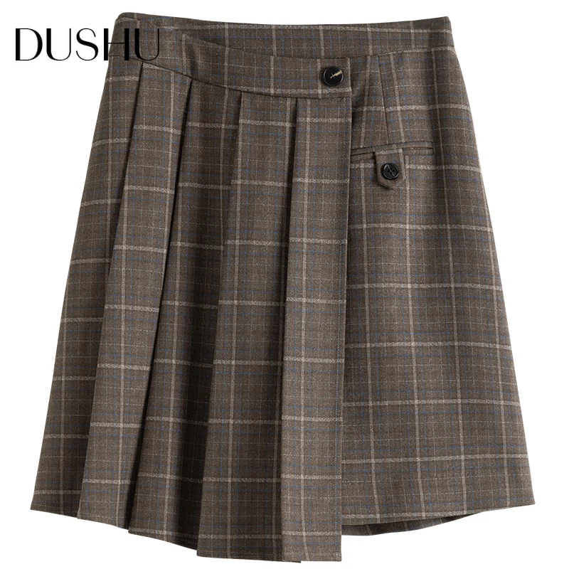 

DUSHU Plus size patchwork plaid short pleated skirt Women preppy style high waist skirt Autumn winter elegant mini a-line skirt