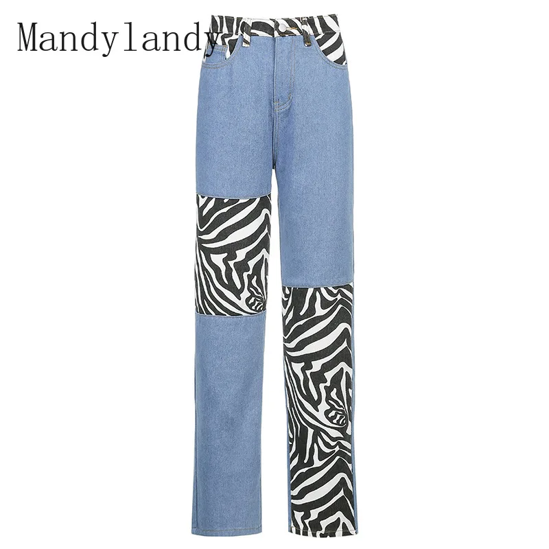 

Mandylandy Women Elegant High Waist Patchwork Denim Pants Lady Loose Straight Jeans Female Zebra Pattern Wide Leg Trousers