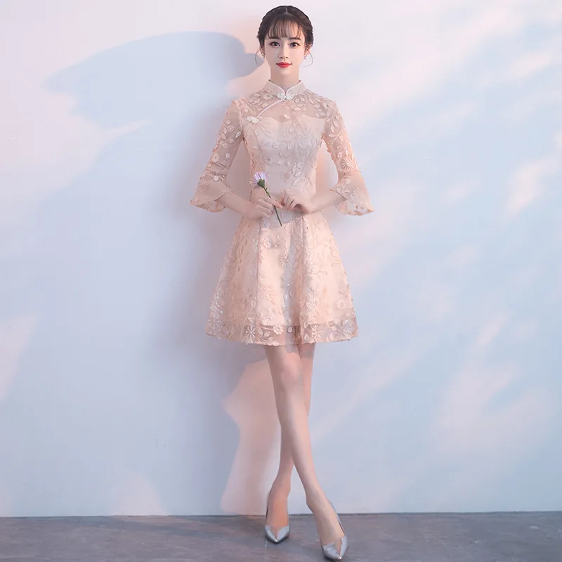 Винтаж женские Flare рукавом Мини Вечерние платье модный воротник-стойка Мандарин