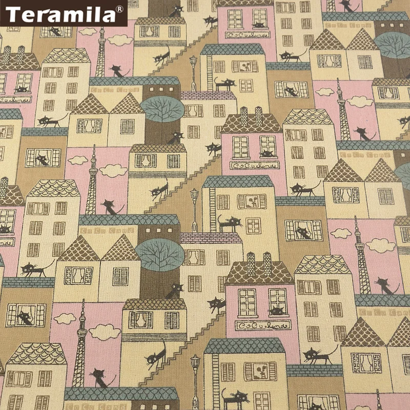 Лен Ткань Вышивание Материал tissu дом и Cat Дизайн скатерть Подушка сумка Шторы teramila
