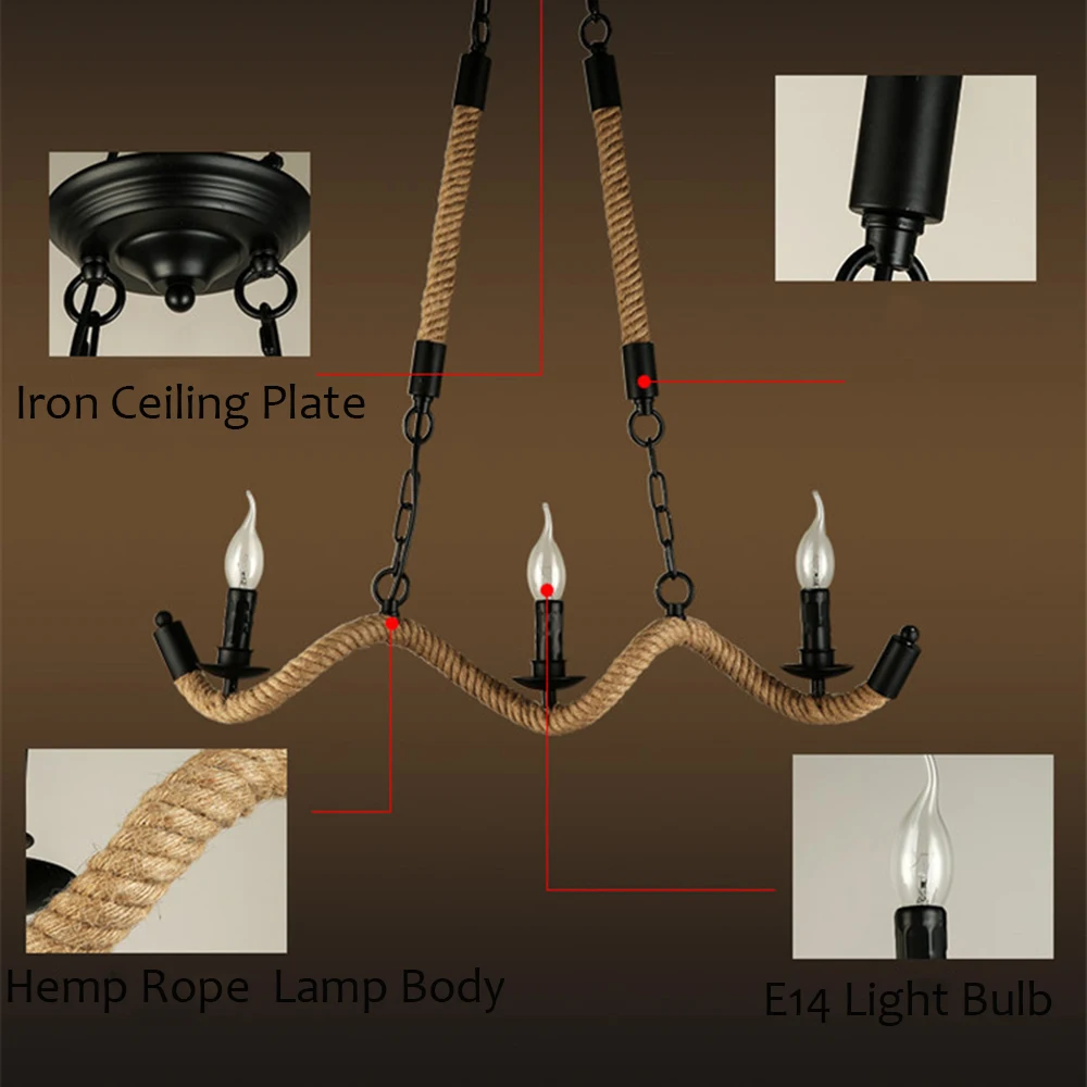 Волнистая люстра из пеньковой веревки в стиле ретро металлический подвесной