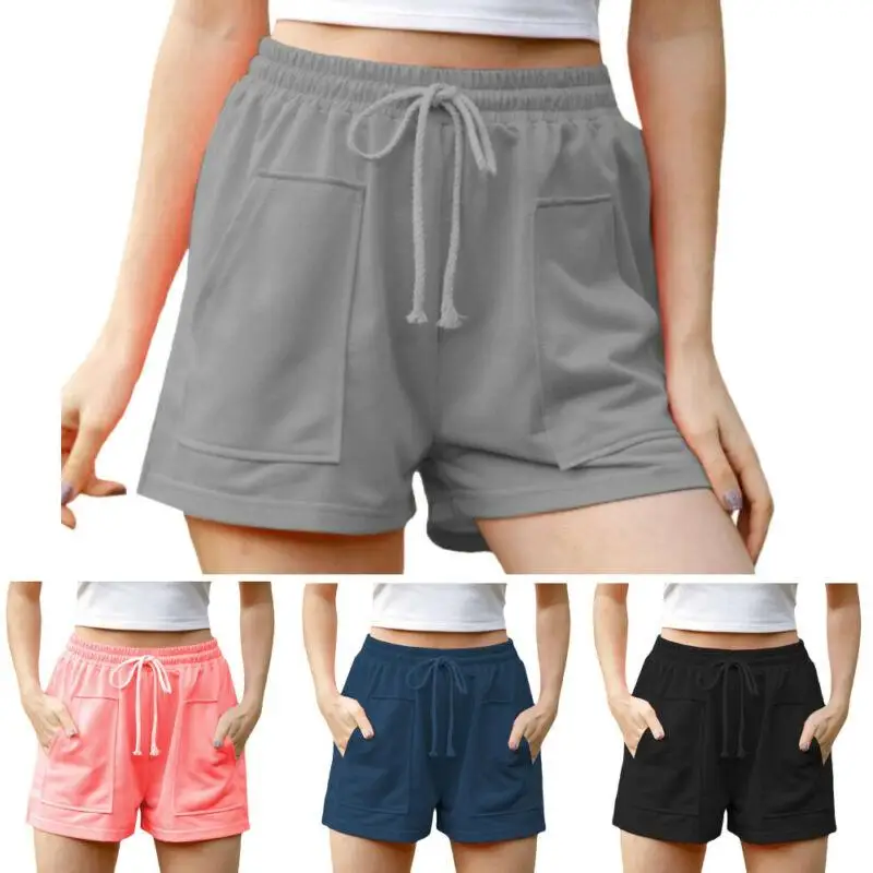 

Summer Elastic Waist Shorts Lace-up Casual Plain Short Pants Womens Baggy Basic Pockets Bottoms