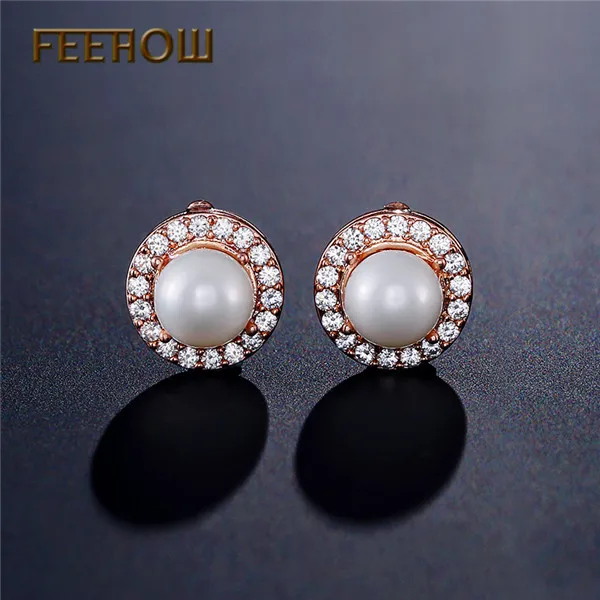 Round Rose Gold FEEHOW модные свадебные Букле д 'ореиль ювелирные изделия элегантные циркониевые кристаллы цветок жемчужные серьги для женщин подружки невесты подарок FWEP075 - Окраска металла: Round Rose Gold