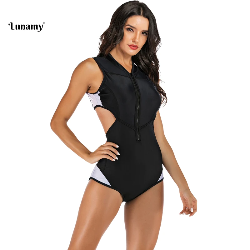 Lunamy черный белый лоскутный цельный купальник женский без рукавов боди пляжная