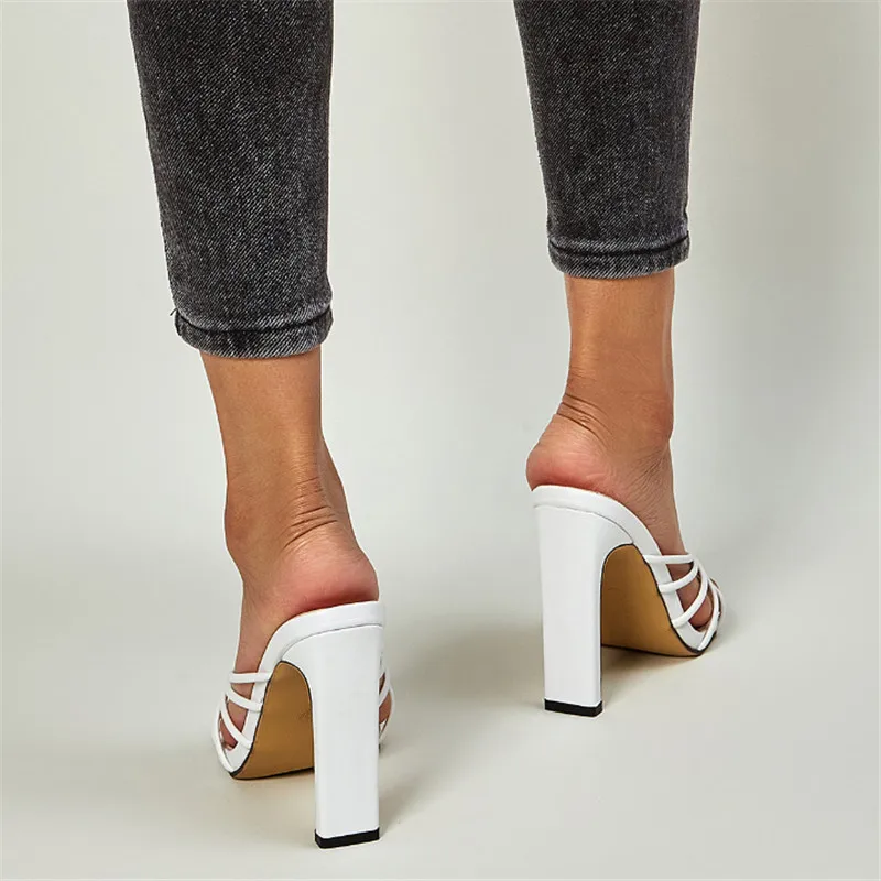 

New Sandals Fashion white Weave Women Mules High Heels Slippers Sandals Sexy Square Open-toed Heel High Quality Shoes