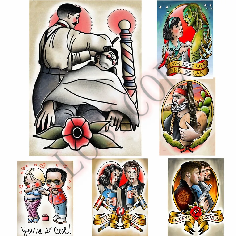 Ретро татуировки Плакаты наклейки на стену Парикмахерская украшения подробное