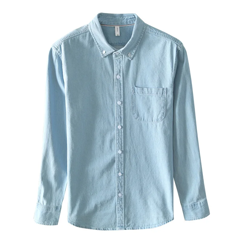 

100% Cotton High Quality Comfortable Denim Fabric Shirt Men Turn Down Collar Long Sleeve Japan Style Harajuku Blouse Premium Top