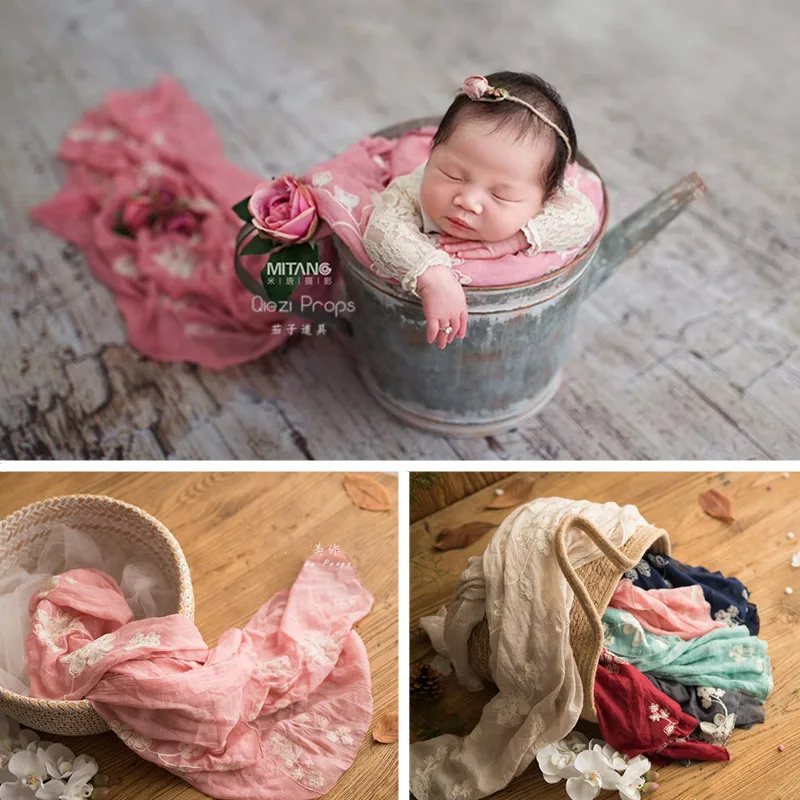 Accesorios de fotograf&iacute;a para ni&ntilde;a reci&eacute;n nacida, envoltura de lino y algod&oacute;n con flores rosas, manta bordada, Fondo para fotograf&iacute;a de beb&eacute;, accesorios para fotograf&iacute;a-0
