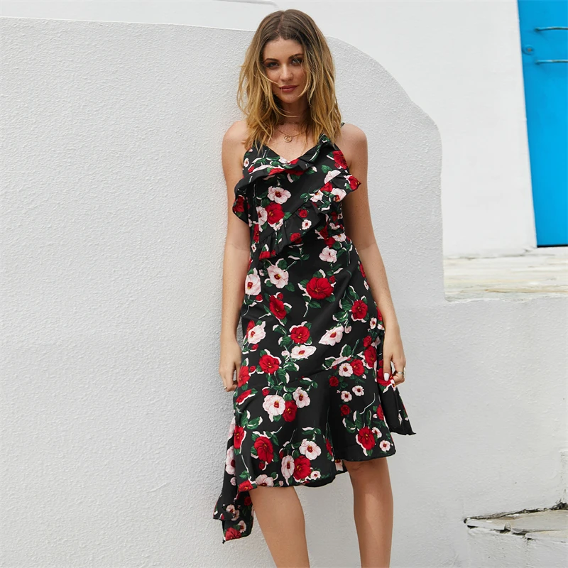

2021 Fashion New Summer Women's Dress Backless Robe Floral Sexy V-neck Vintage Spaghetti Strap Dress Sundresses Boho Dresses