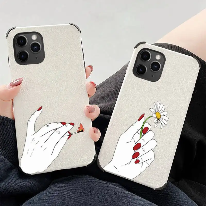 

Hand art daisy Love heart butterfly Phone Case Lambskin Leather For iphone 12 11 8 7 6 XR X XS PLUS MINI PLUS PRO MAX Shockproof