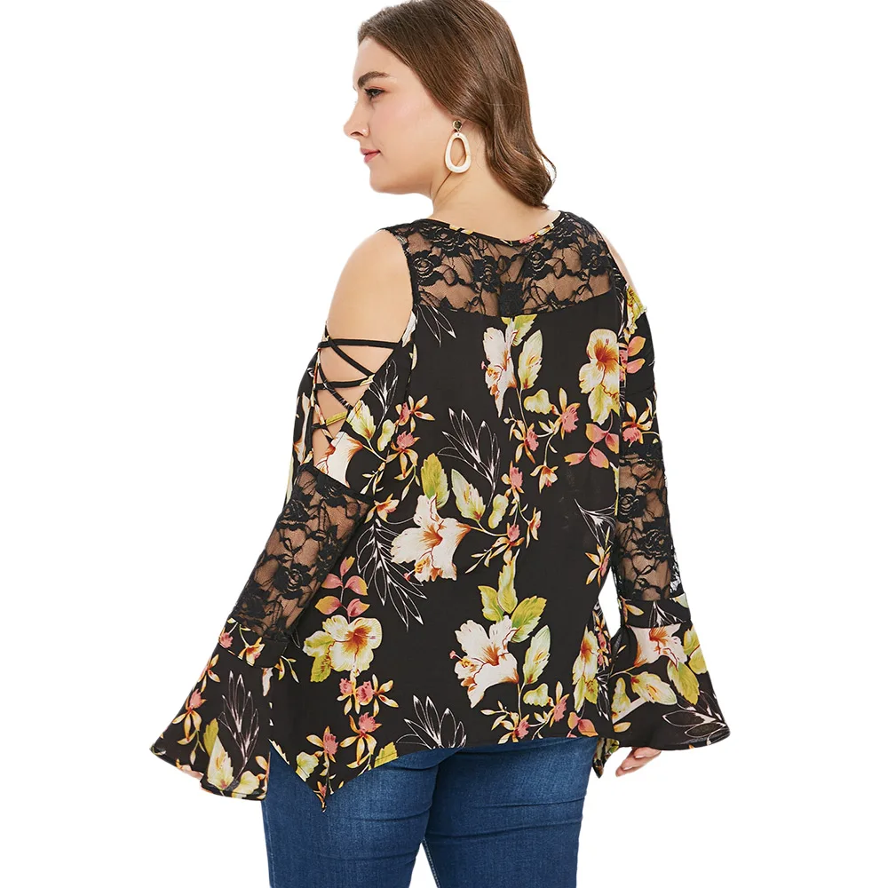 ROSEGAL Плюс Размер Женская кружевная панель цветочный принт футболка с