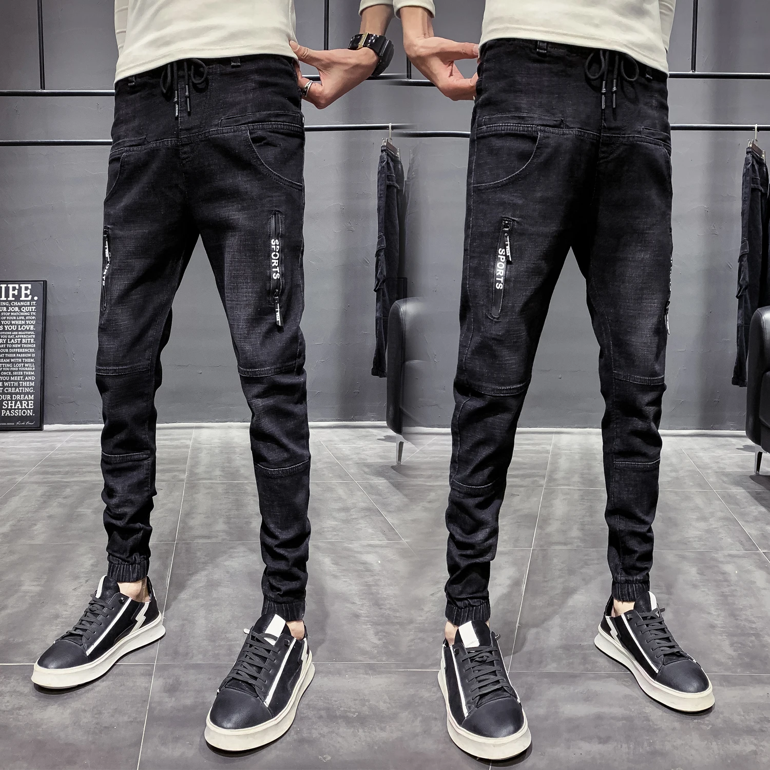 

2021 New Korean Men Jeans Fashion Streetwear Black Denim Pants Men Slim Fit Hip Hop Casual Jeans Joggers Men Trousers 28-36