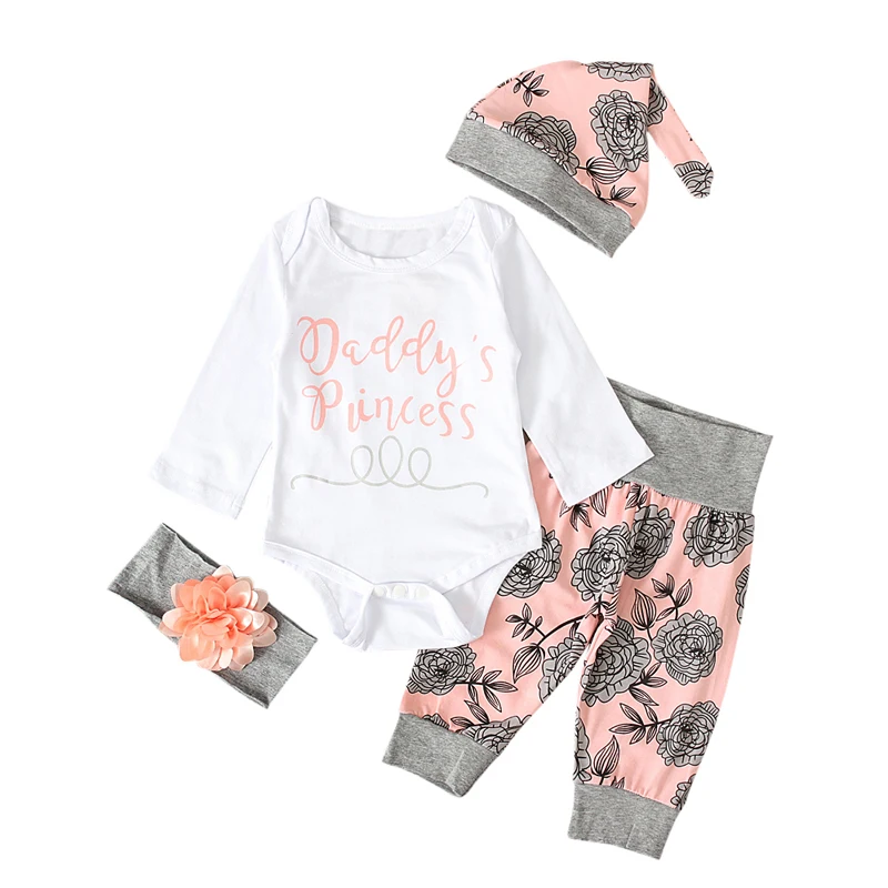 Одежда для новорожденных девочек Комбинезон с цветочным принтом + повязка на