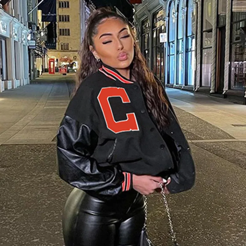 

2021 Autumn Winter Black Bomber Jacket Women Loose Varsity Jacket Baseball Women Casual Y2k Letter Print Fashion Cropped Coat