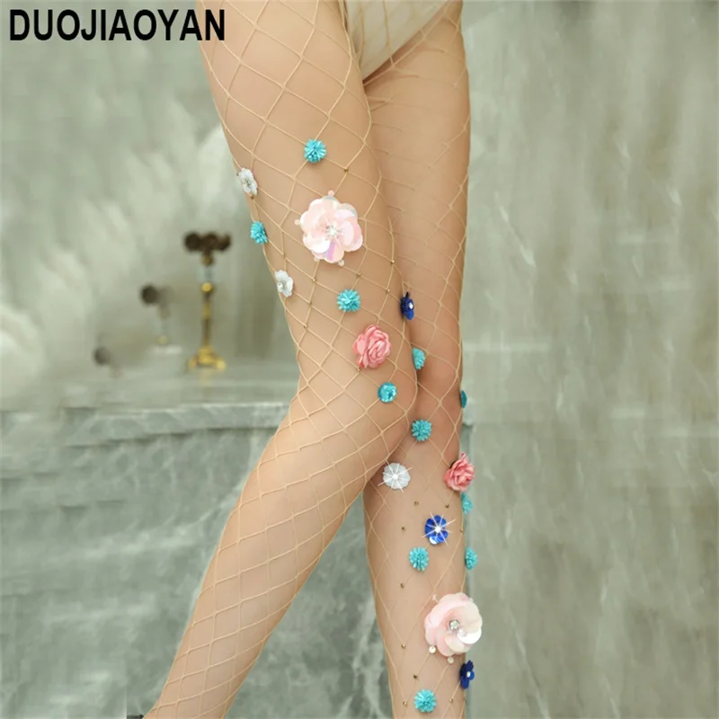 

DUOJIAOYAN Sexy Fishnet Stockings Women sparkle rhinestone crystal party sexy mesh stockings whit colorful flowers