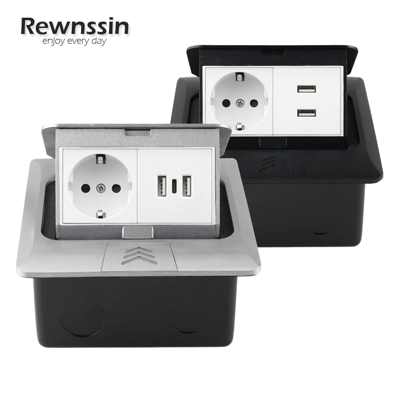 Placa de Alimentação Embutida à Terra Padrão da ue Tomada de Alimentação Pop-up da Caixa da Liga de Alumínio com Tipo-c Carregador Usb Soquete Escondido do Assoalho Soquetes elétricos