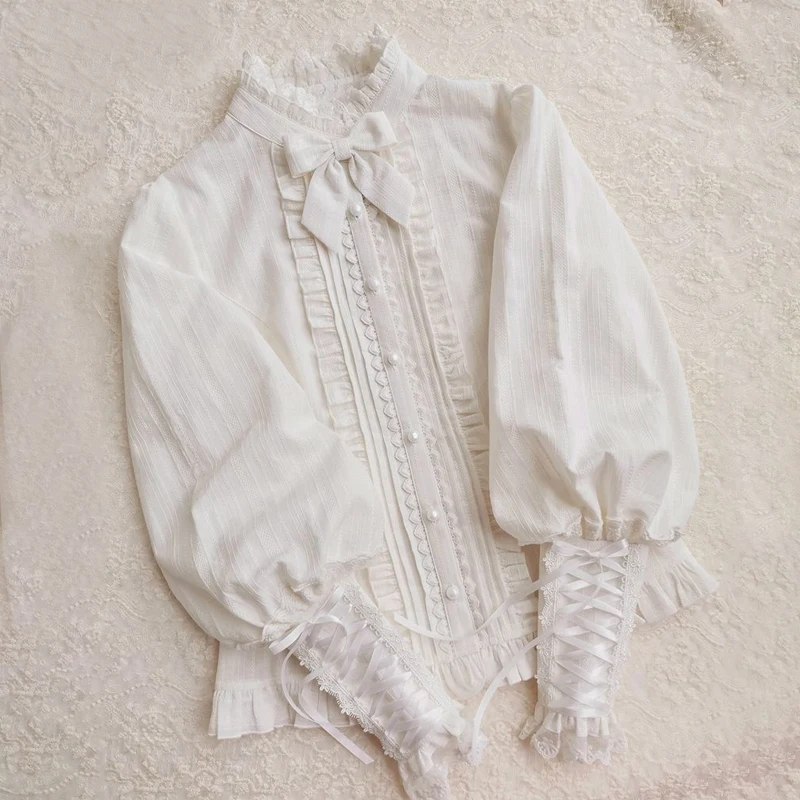 

MAGOGO Lolita Style Bow Shirt Autumn Spring Lamb Leg Girl Ruffled Lace Long-Sleeved Jacquard Japanese White Blouse Size S-XL