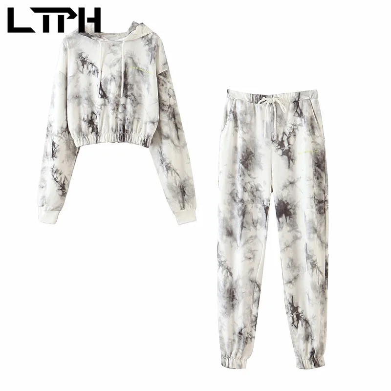 

LTPH ins Sports Casual Pant Sets 2 piece set women Tie-dye print loose short hooded Sweatshirts trousers Outfits 2021 spring new