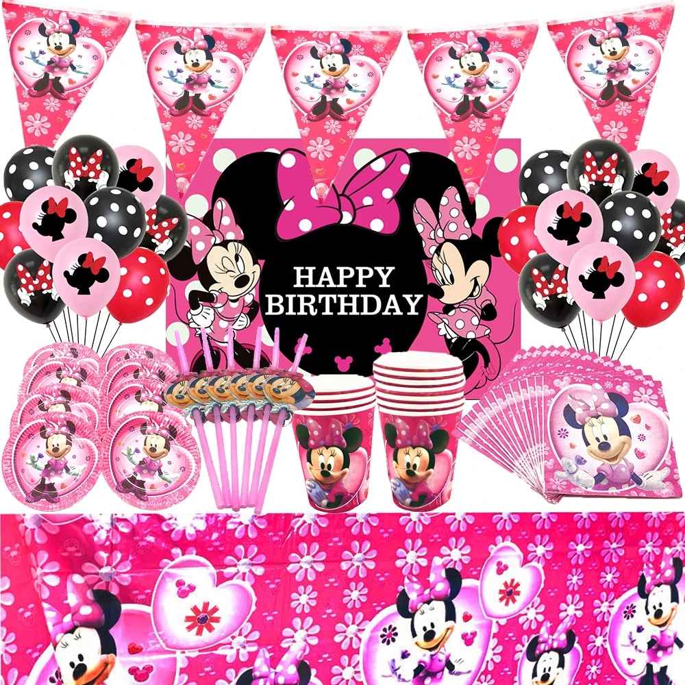 

Pink Minnie Mouse Cartoon Birthday Party Decorations Plate Tablecloth Paper Cup Napkin Flexible Straw Tableware Set