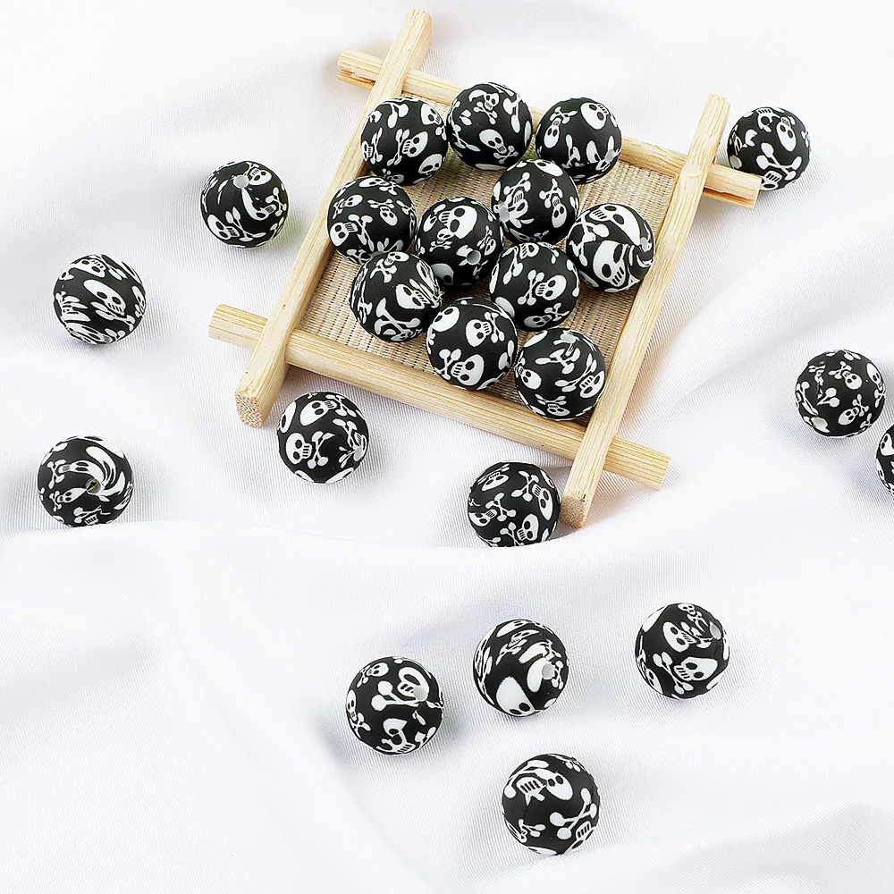 TYRY.HU-Cuentas de calavera de silicona para 20 piezas, cuentas redondas de 12/15mm, mordedor para beb&eacute;, pinzas para chupete DIY, collar de cuentas-2