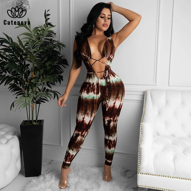 

Cutenova Tie-Dye Tie Sleeveless Jumpsuit Sexy Hollow Bodysuit With Straps 2021 Fashion One Piece Outfit Women Clothing Deep V