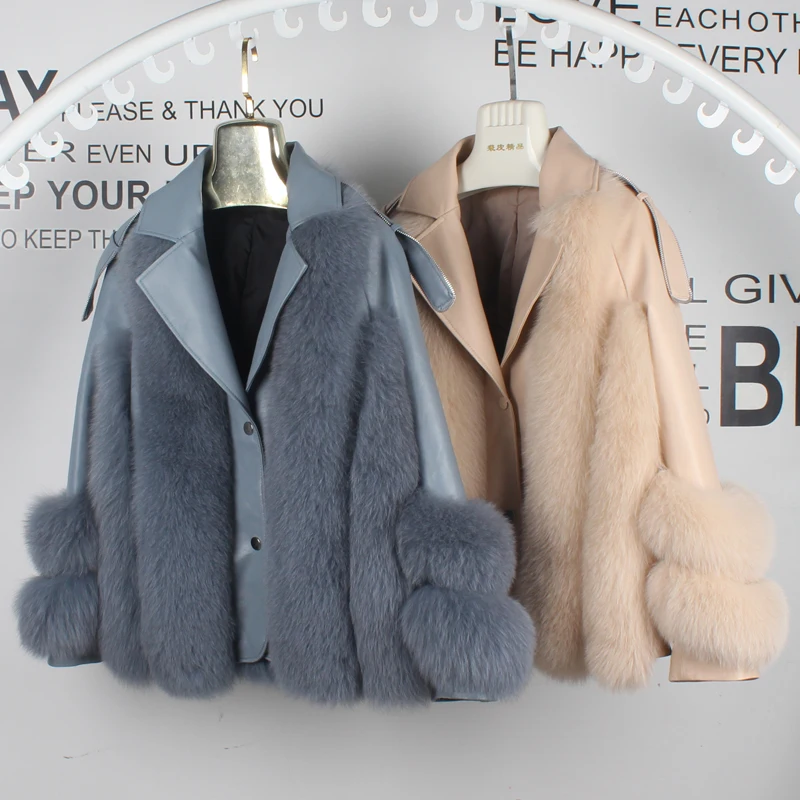 

Лидер продаж, модное пальто с натуральным лисьим мехом, женская зимняя новая стильная куртка из натуральной овечьей кожи с натуральным лись...