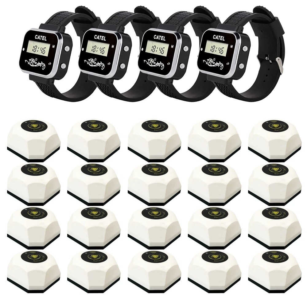 CATEL 4 Watch 20 Call Button Strong Signal Wireless Calling System Call Transmitter Pager for Restaurant Cafe Bell Buzzer