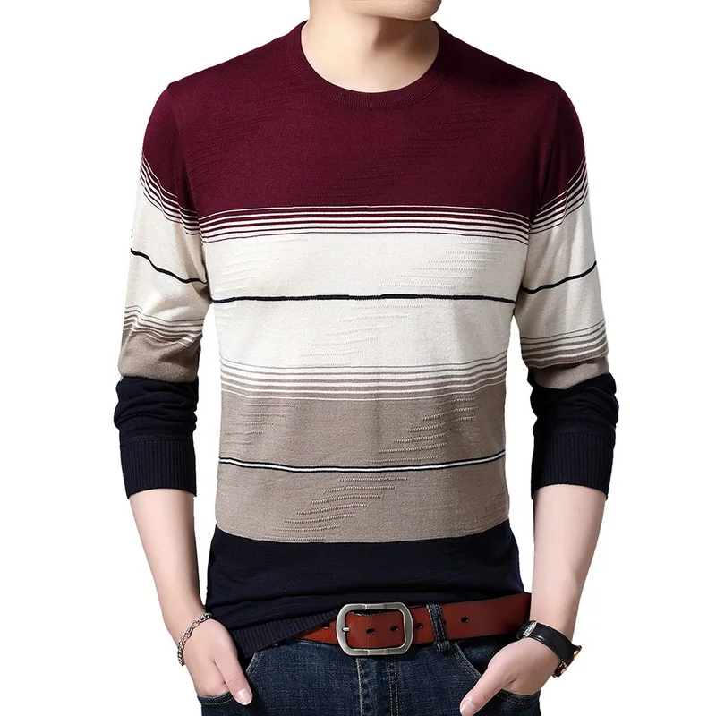 WENYUJH Autumn New Men's Sweater O-Neck Striped Slim Fit Knittwear Mens Sweaters Pullover Men Pull Homme 4XL Men Colthing