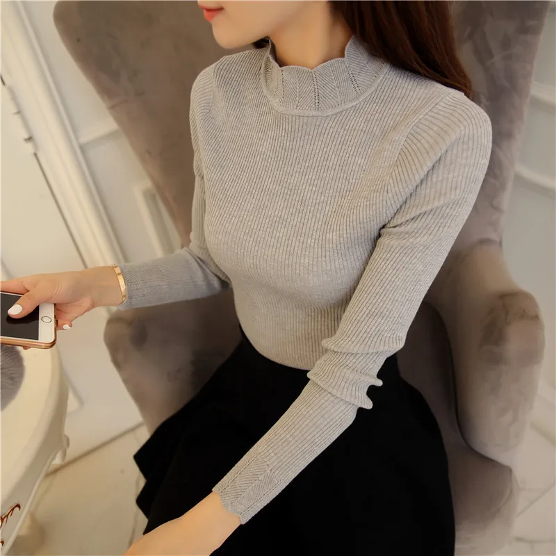 Blusas de inverno feminina, Осень-зима, вязаный женский свитер-пуловер, водолазка, длинный рукав, однотонный, тонкий, Sueter mujer DC999