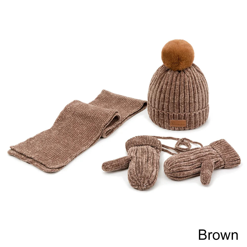 brown REAKIDS/зимняя шапка для маленьких мальчиков и девочек, шарф, перчатки, костюм, плотная теплая мягкая уличная шапка с помпоном, однотонная хлопковая шапка, шарф, перчатки - Цвет: brown