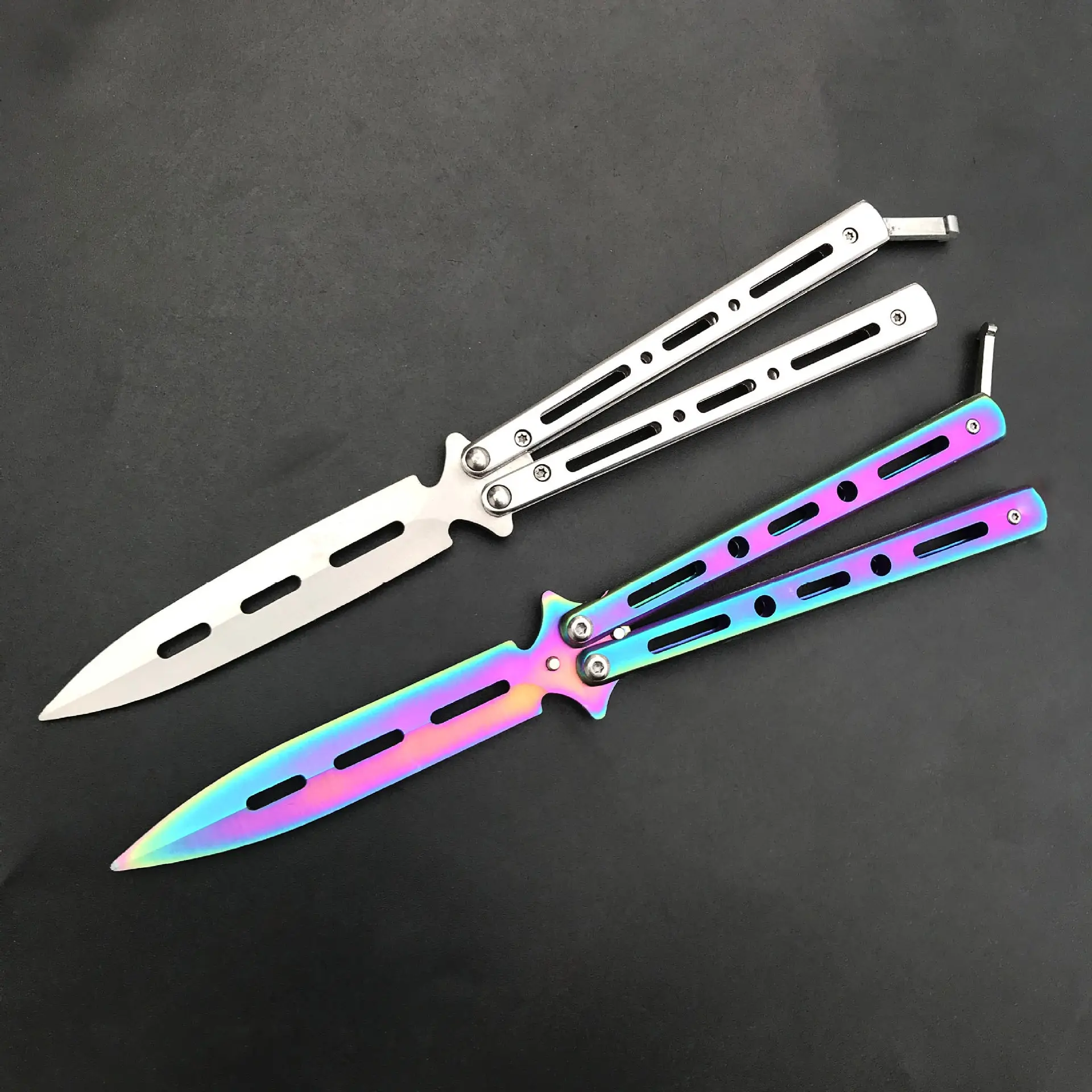 

240PCS Titanium Rainbow 5Cr13Mov Stainless Steel knife Butterfly Training Knife butterfly knife game knife dull tool no edge