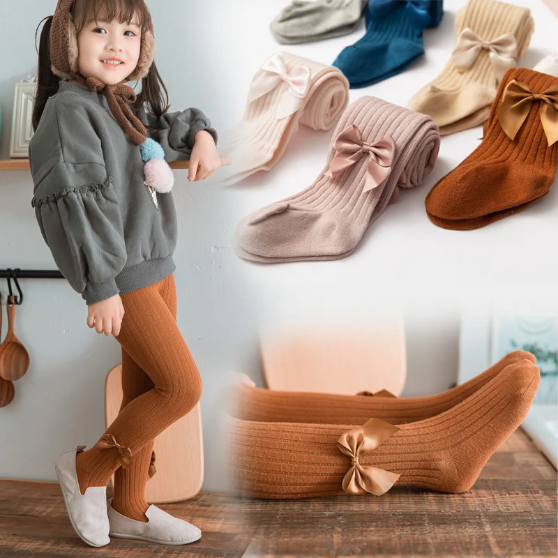 Милые однотонные колготки для девочек Мягкие хлопковые с бантиком маленьких