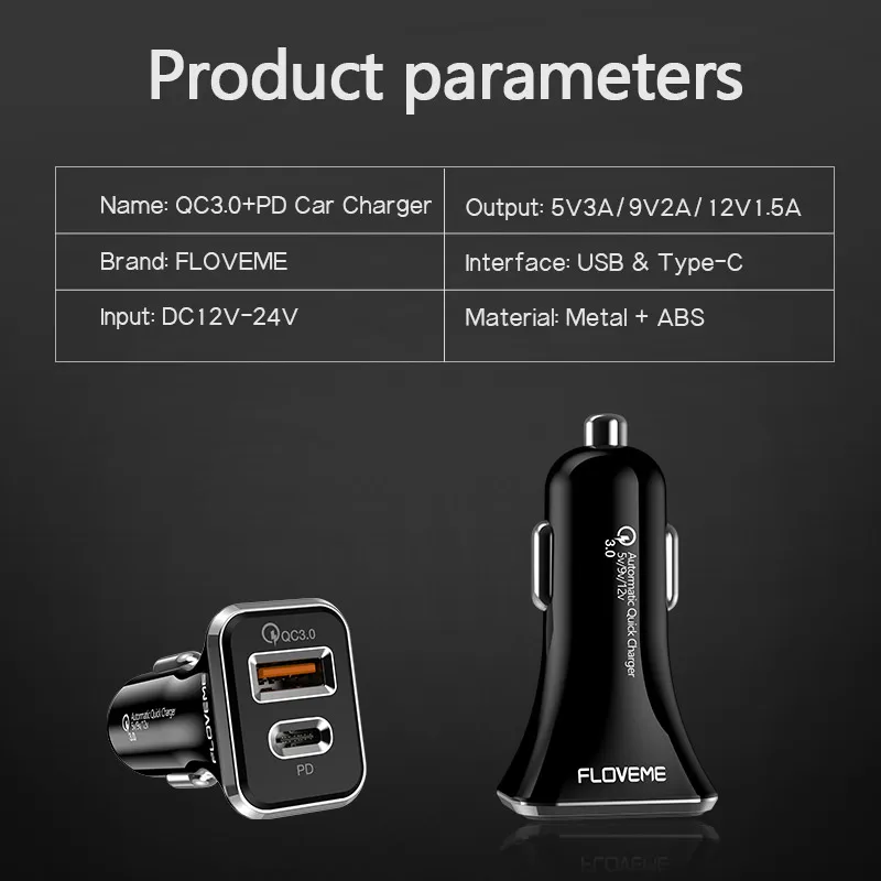 

FlOVEME 36W 3A Car Charger PD QC3.0 USB Fast Charging Car Phone Charger Adapter For iphone 12 11 Pro 7 8 Xiaomi Samsung Huawei