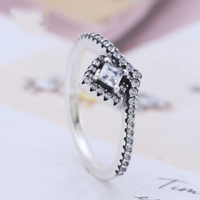 

Lorena Real 925 Sterling Silver Ring Shiny Square Wishing Bone With Crystal Ring For Women Wedding Party Gift Fashion Jewelry