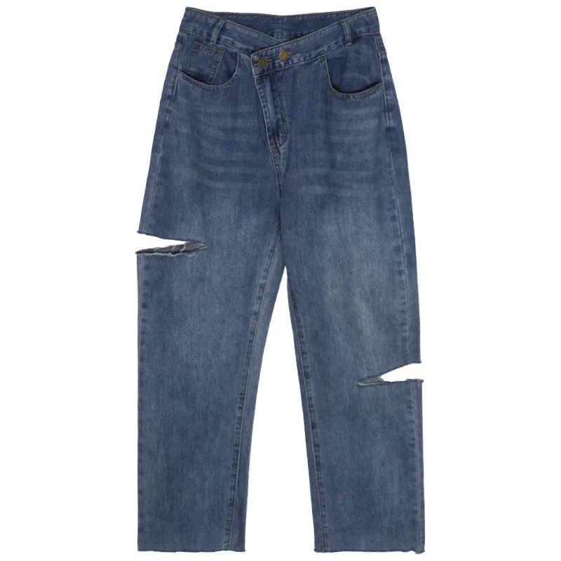 Black Design Sense Jeans Pierced Women's High Waist Thin Irregular Closure Double Button Tear Tassel Wide Leg | Женская одежда