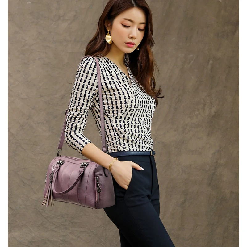 

Soft PU Leather Handbag Ladies Crossbody Bag Female Boston Zippers Casual Women Tote Shoulder Bags 2020 Fashion Big Tassel Red