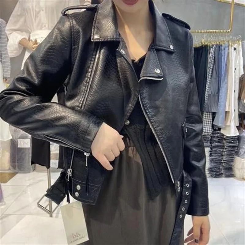 

2021 Spring Autumn Sashes Pu Faux Leather Jacket Women Zipper Slim Short Biker Jackets Coat Solid Outwear Tops Feminino Y607