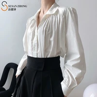 women shirts female blouse ladies top 2021 spring summer elegant office loose cotton turn down collar puff sleeve pleats button