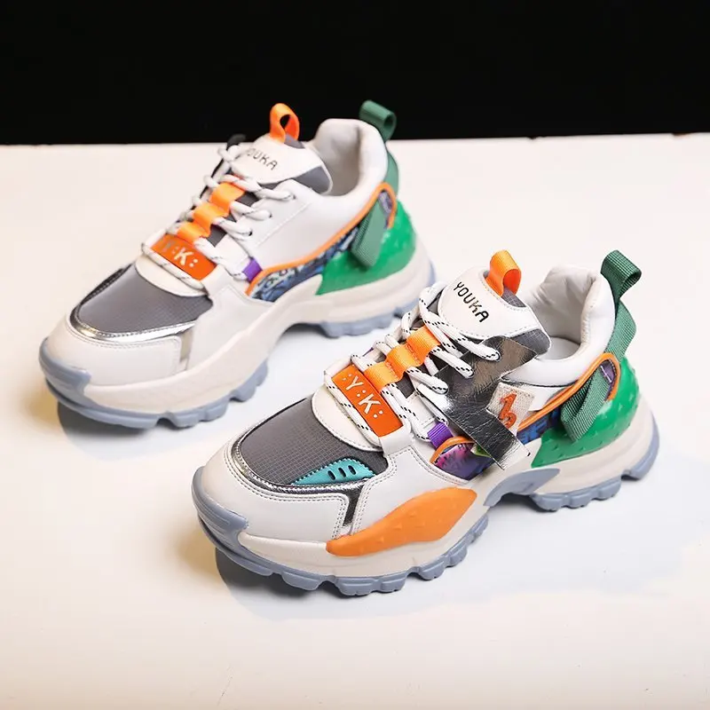 

2021 Women Shoes Spring Lady Sports Chunky Causal Sneaker Running Fashion Breathable Platform Trainer Increasing Leisure Lace up