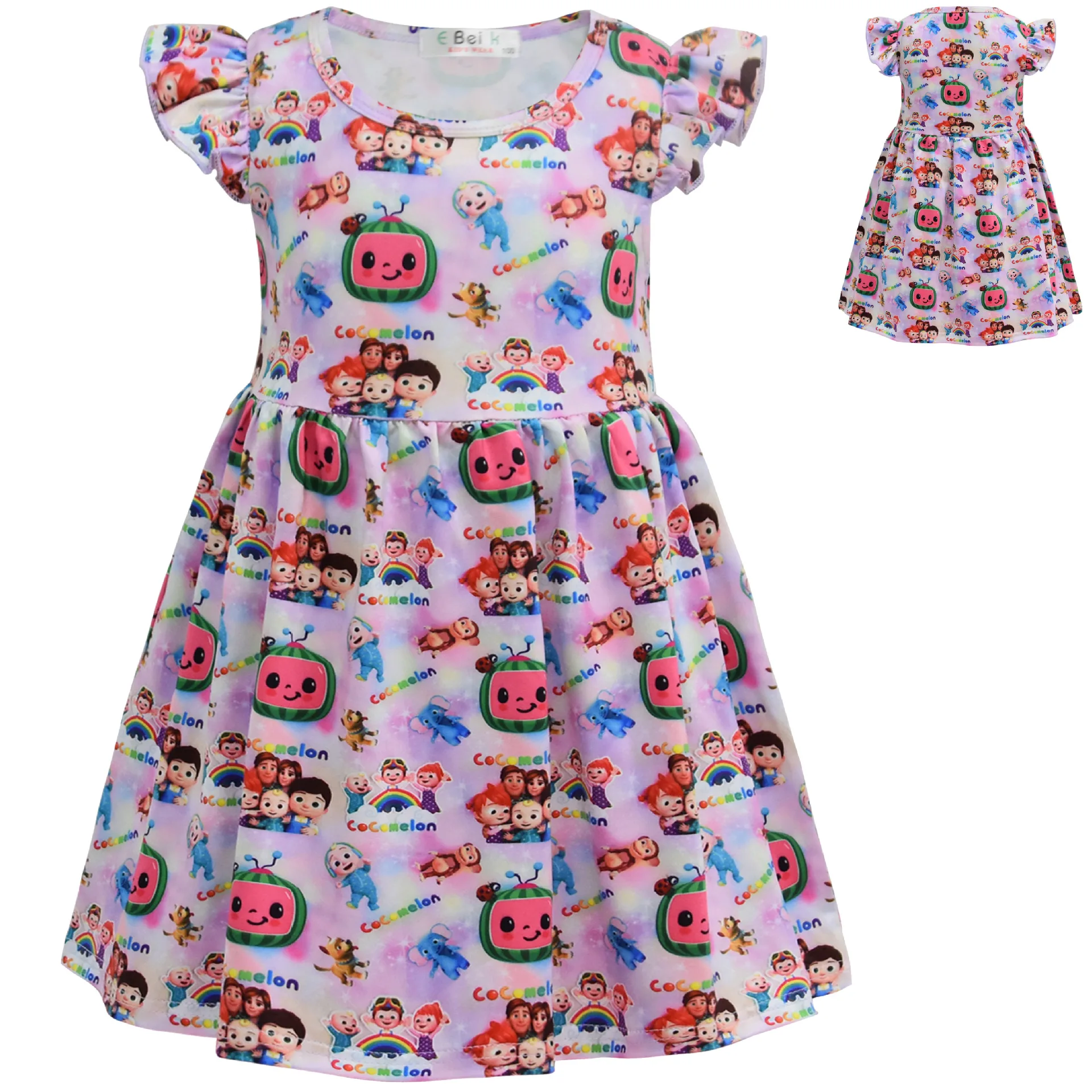 

2-12Y Cute Cartoon CocoMelon Clothes Baby Girls Summer Dress Toddler Girl Flying Sleeve Skirt Children Wedding Princess Dresses