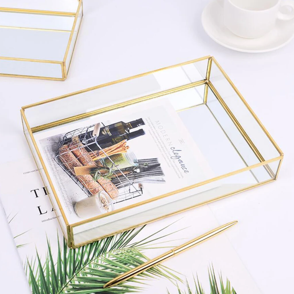 

Nordic Retro Storage Box Tray Gold Rectangle Glass Makeup Organizer Tray Dessert Plate Jewelry Display