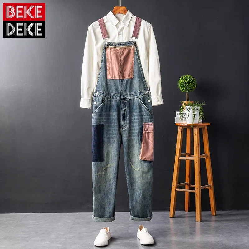

Vintage Denim Jumpsuit Men Biker Cargo Trousers Patchwork Straight Casual Overalls Multi-Pockets Loose Jean Jumpsuit Male L-2XL