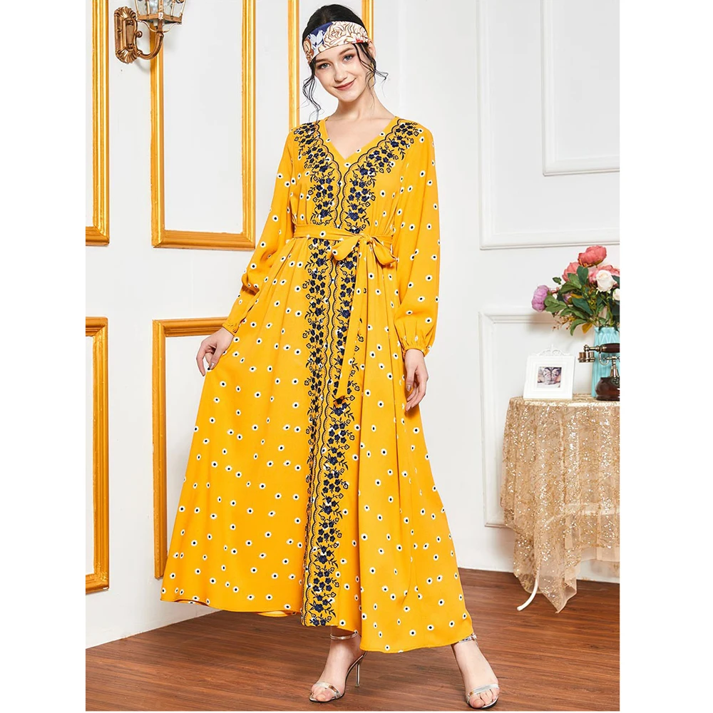 

Women Flower Printed Muslim Long Dress Embroidery Maxi Robe Dubai Ramadan Islam V-neck Gown Middle East Plus Size Ethnic Vintage