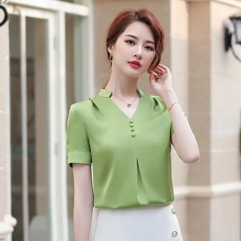 

Chiffon Blouse Women 2021 Summer Chiffon Shirts Blouse Tops Fashion Casual V-Neck short sleeve Blouses Light and breathable