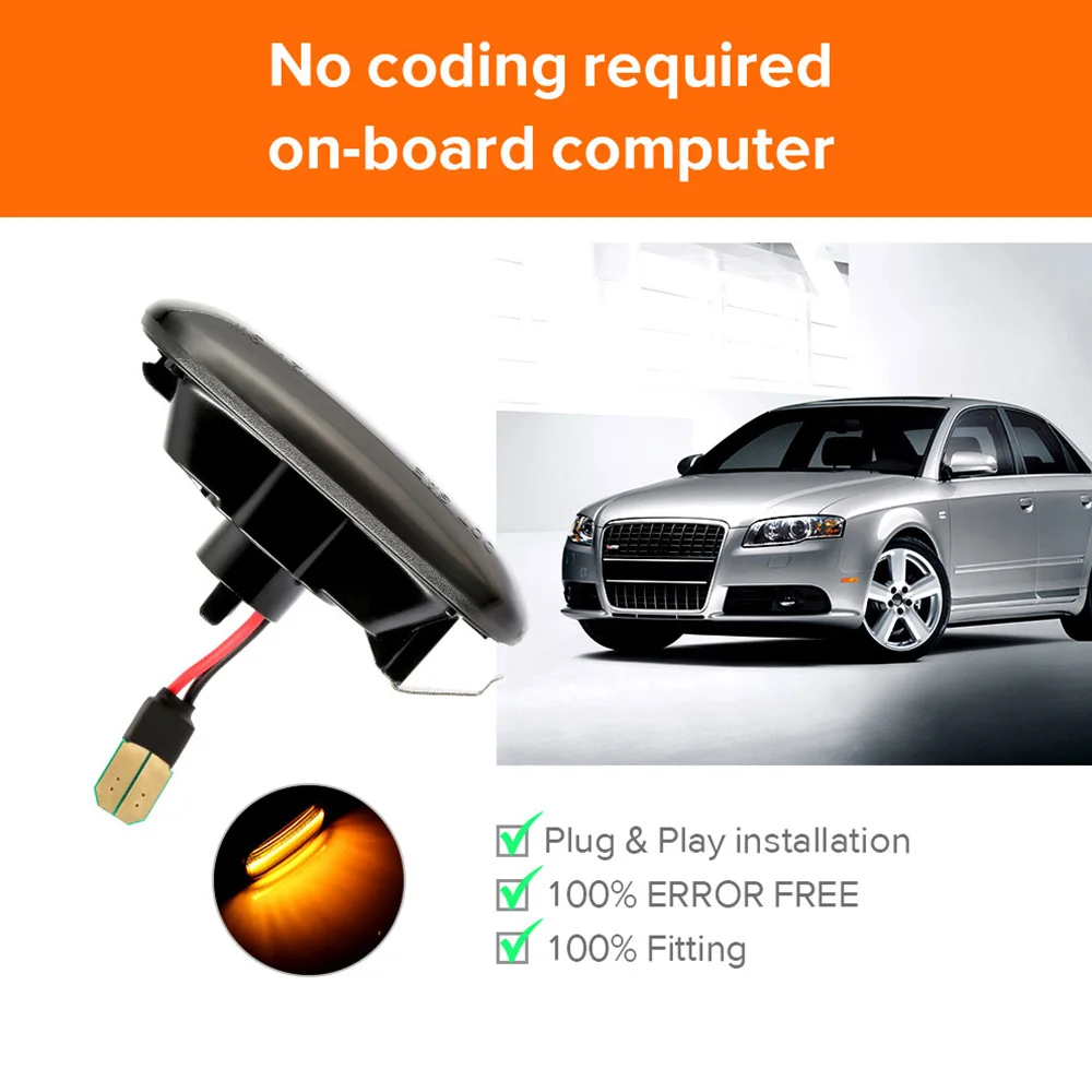 

2pcs Car LED Dynamic Side Indicator Repeater Amber Lights Replacement For Audi A3 S3 8P A4 03-08 Car Light