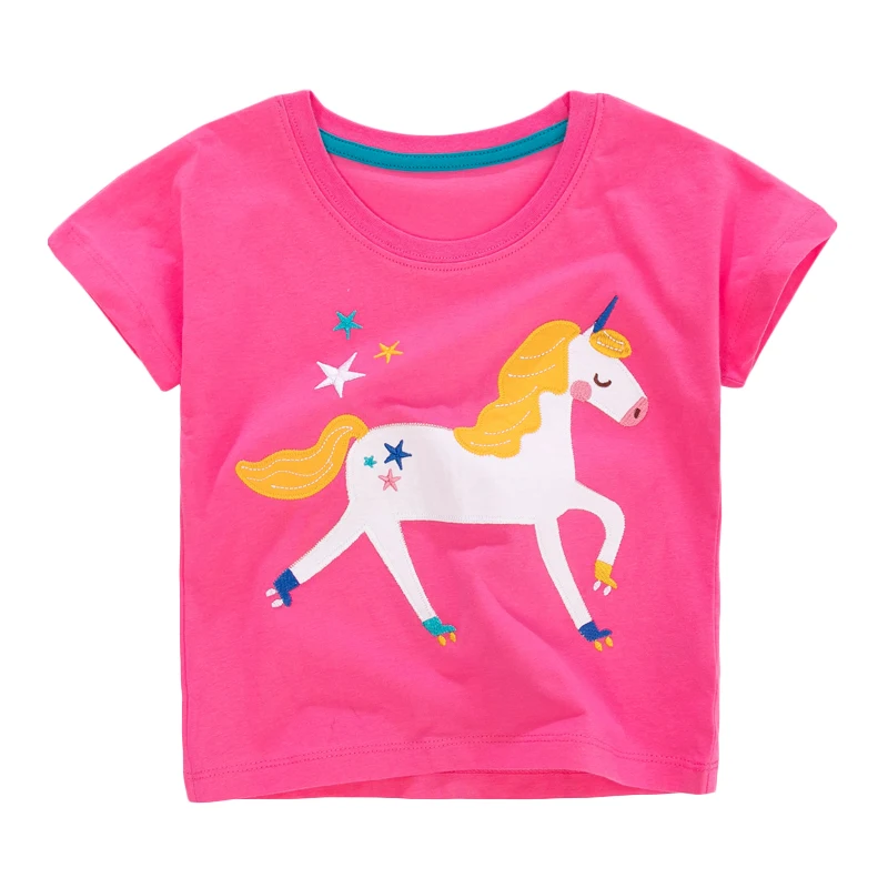

Little Maven/Новая Летняя коллекция детской одежды розового Pegasus аппликации с О-образным вырезом с короткими рукавами из хлопка для девочек, вяза...