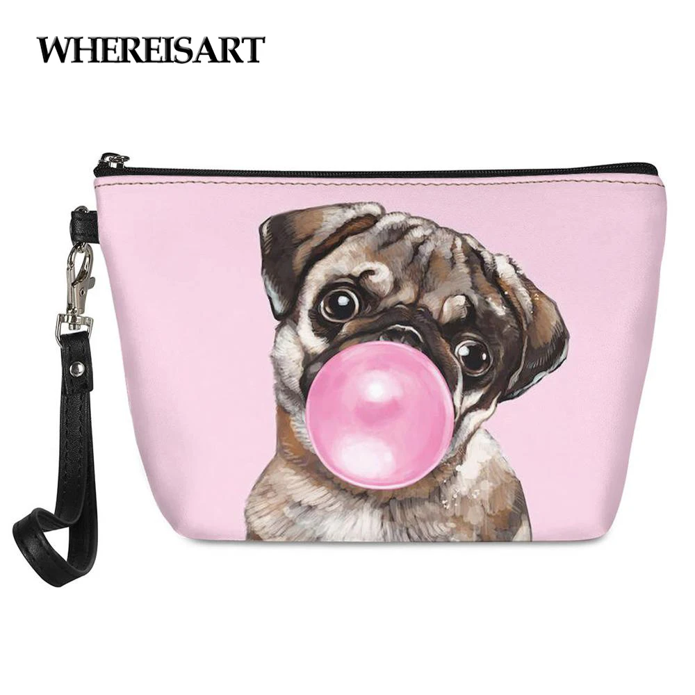 

WHEREISART Pink Bubble Pug Animal Wash Toiletry Bags Leather Small Travel Make Up Bags Portable Female Makeup Cosmetic Case